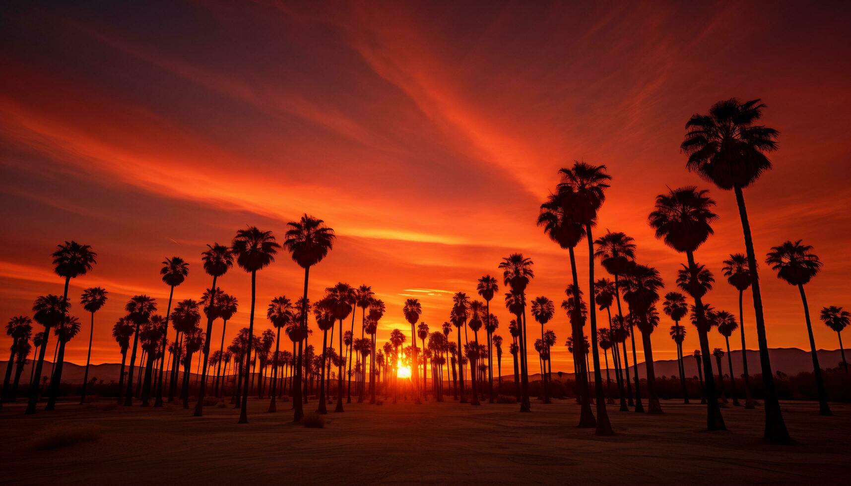 dramatic palm tree silhouette of desert sunset Generative AI photo