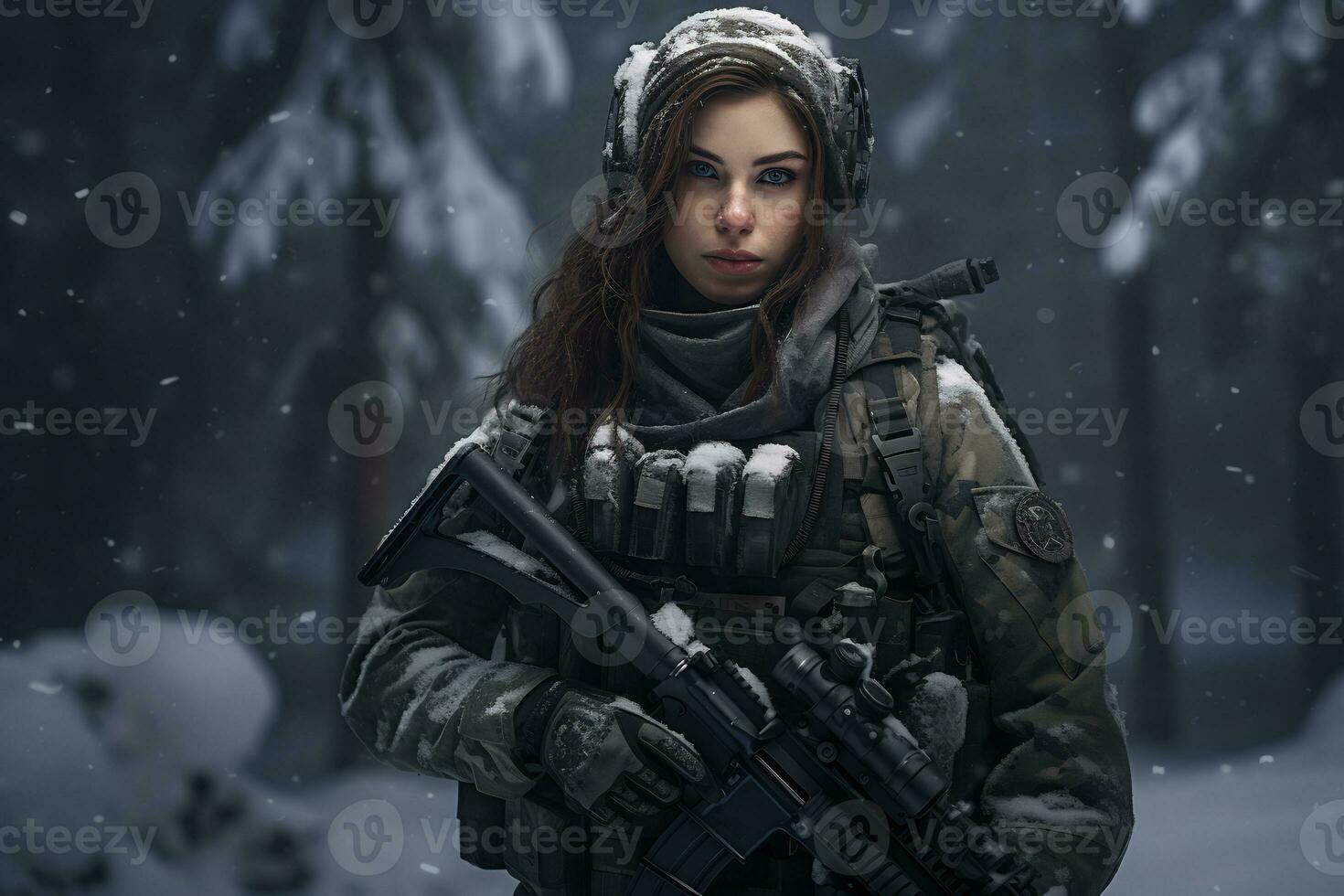 a female soldier is on duty in a snowy place Ai Generative photo