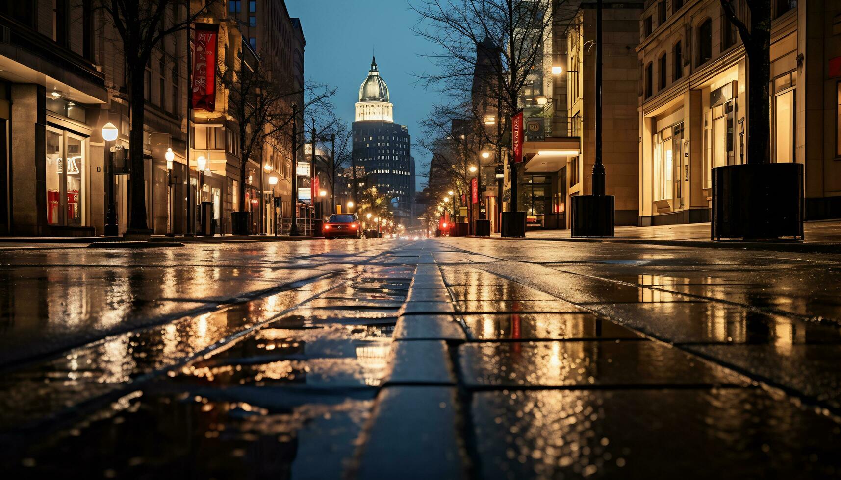 sidewalk at night after rain with wet streets Ai Generative photo