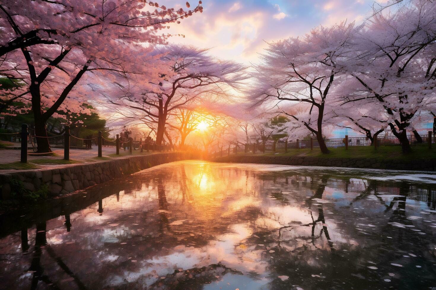 Cherry blossom park during sunset AI Generative photo