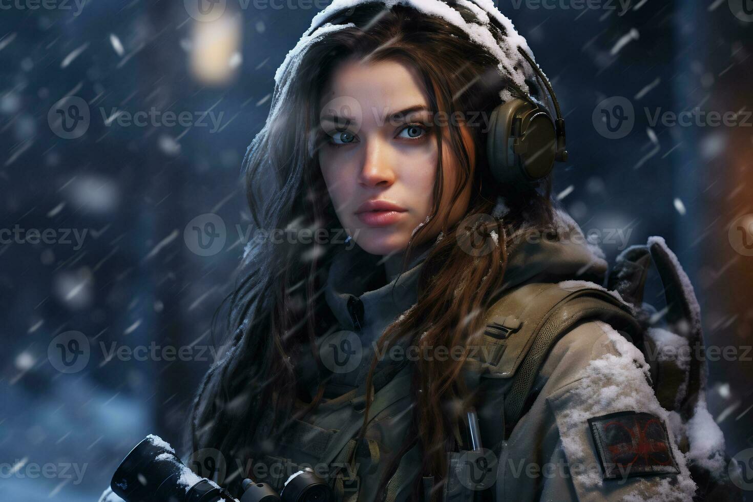 a female soldier is on duty in a snowy place Ai Generative photo