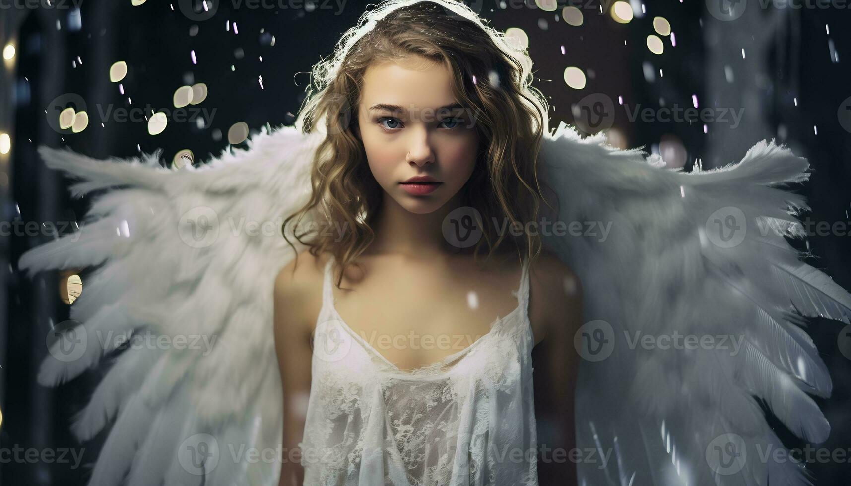 Innocent Young girl with Long Blond Hair with angel wing AI Generative photo