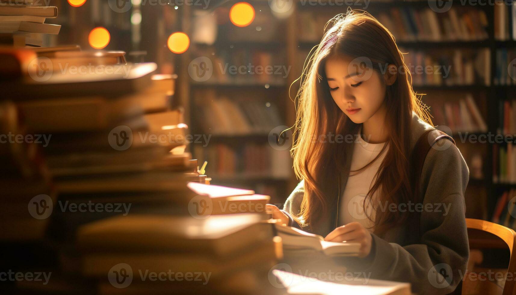 asian girl reading a book in the library photo