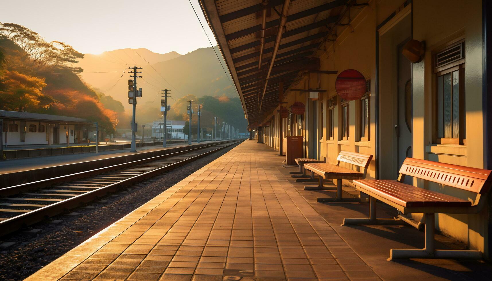 a quiet train station with a backdrop of mountains and pine trees Ai Generative photo