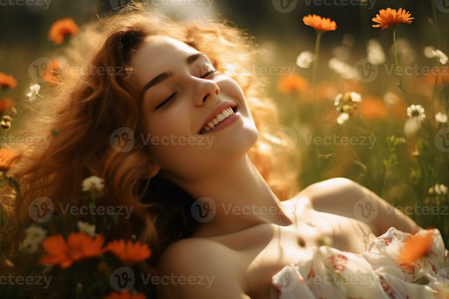 beautiful girl lying in the meadow with flowers Generative AI photo