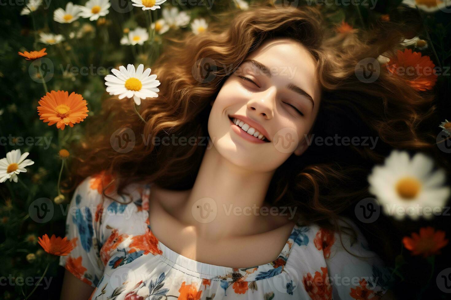 beautiful girl lying in the meadow with flowers Generative AI photo
