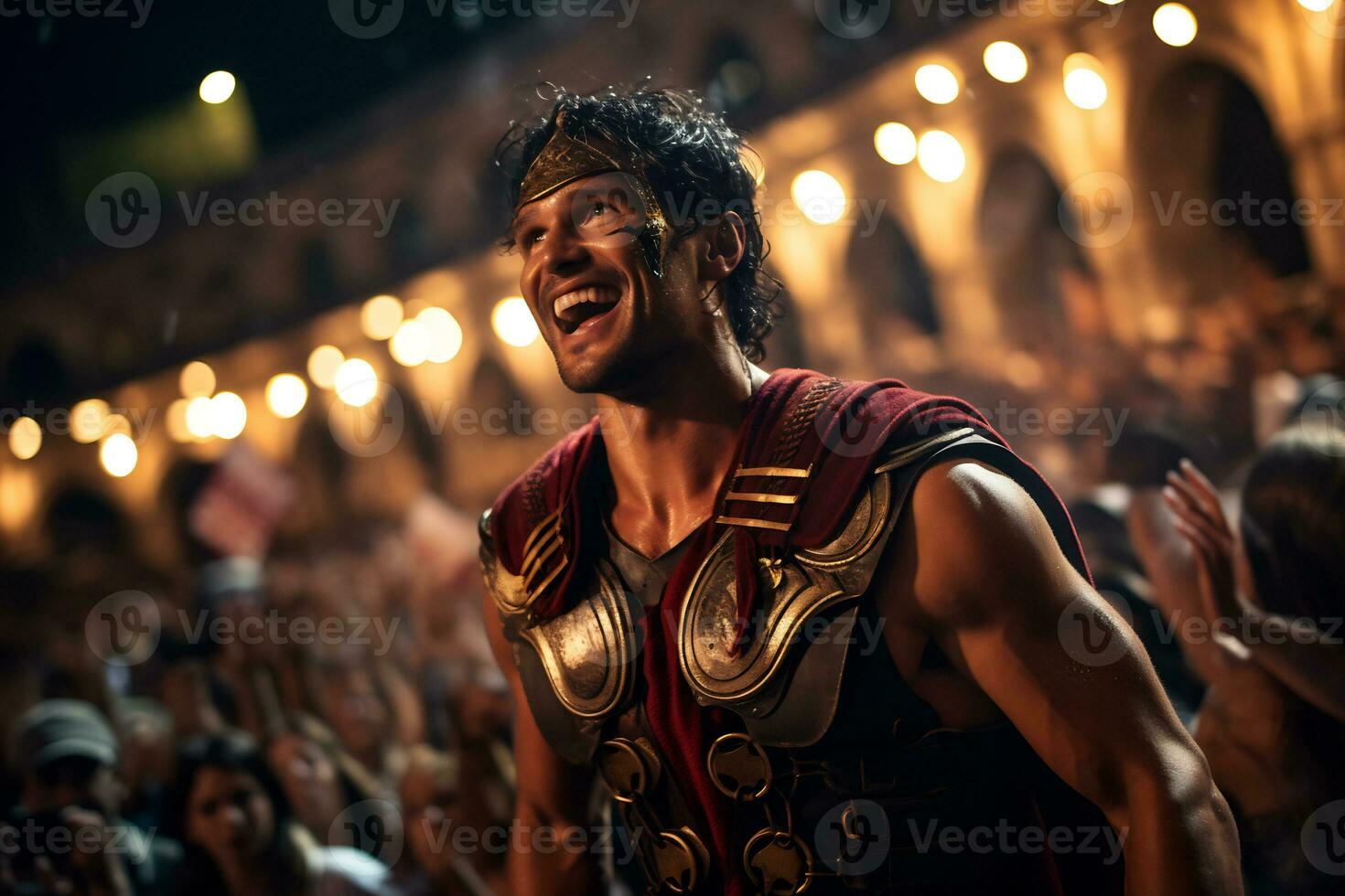 un calle ejecutante vestido como un romano gladiador un foto de un corredor corriendo mediante un ciudad parque ai generativo