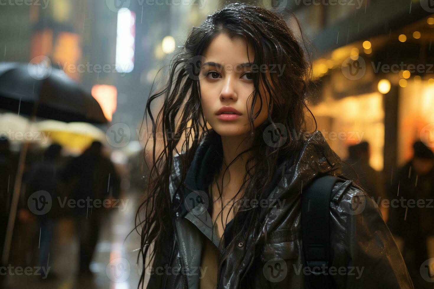 Asian girl with fashionable outfit posing in bustling city Generative AI photo