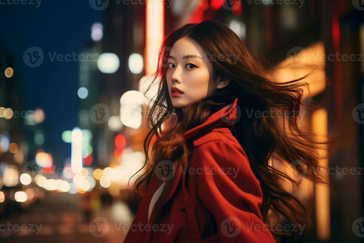 Asian girl with fashionable outfit posing in bustling city Generative AI photo