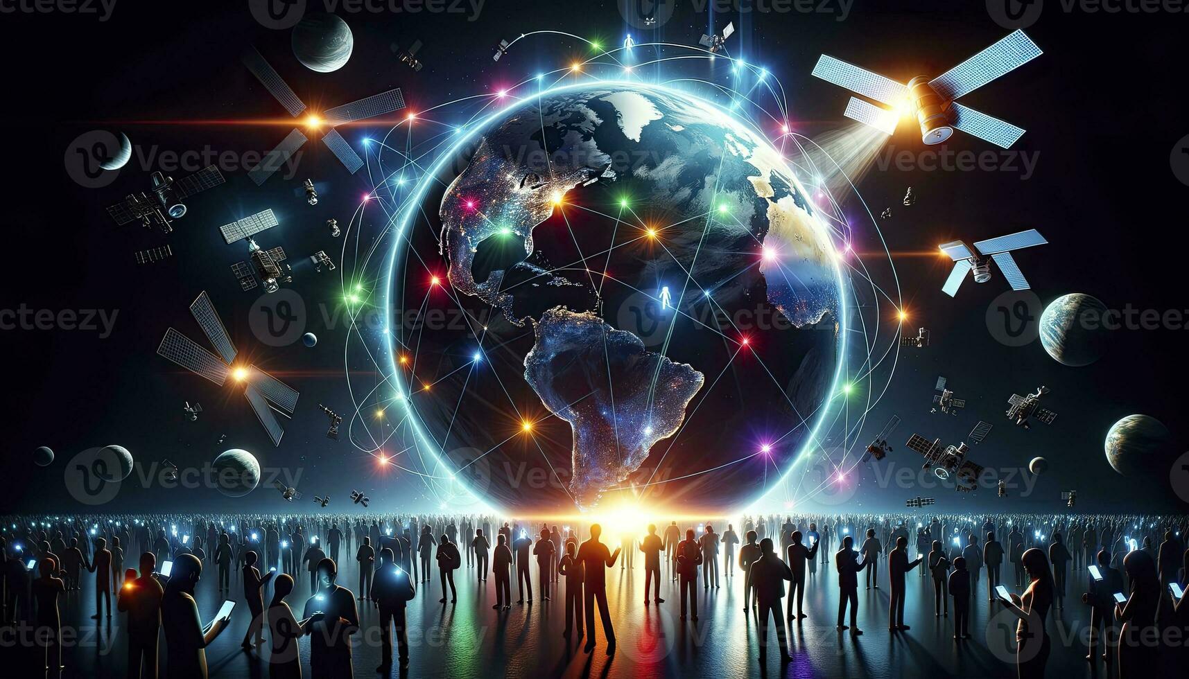 A 3D render showcasing a glowing Earth with human silhouettes on different continents, connected by vibrant beams of light, representing global communication. AI Generative photo