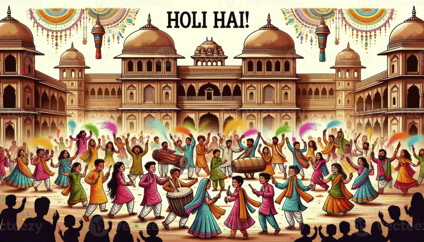 A Holi celebration taking place in a traditional Indian setting. AI Generative photo