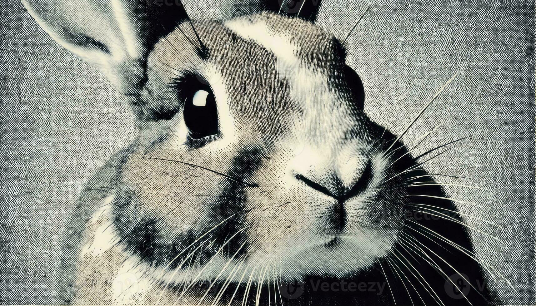 A close-up of a rabbit's face with a halftone photo effect. AI Generative