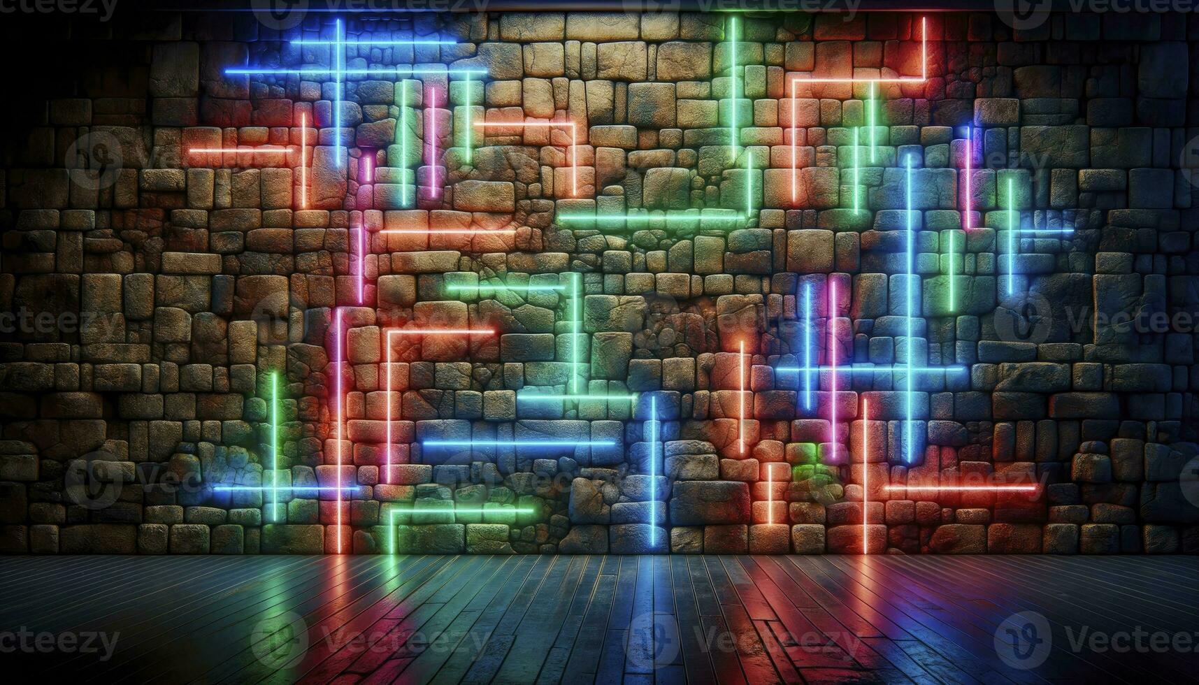 Howing a rugged, un-plastered brick wall illuminated by abstract neon lights. AI Generative photo