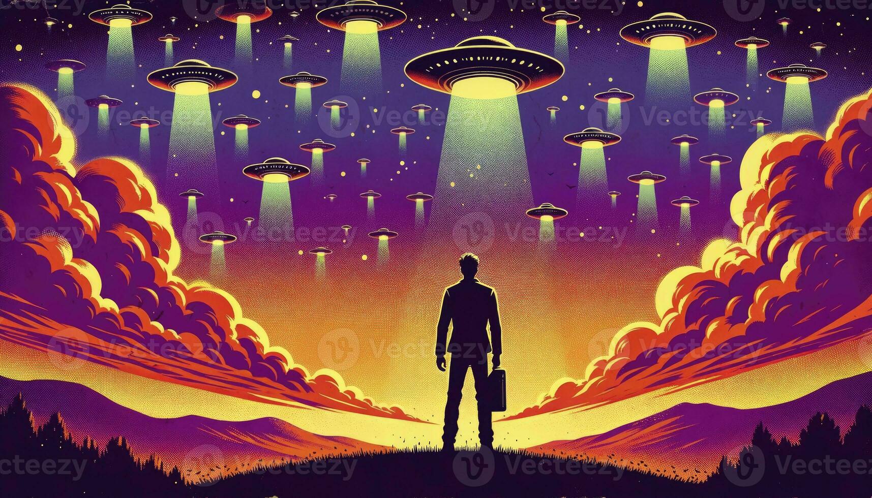 A man on a hilltop observes numerous UFOs descending from a vibrant sky. AI Generative photo