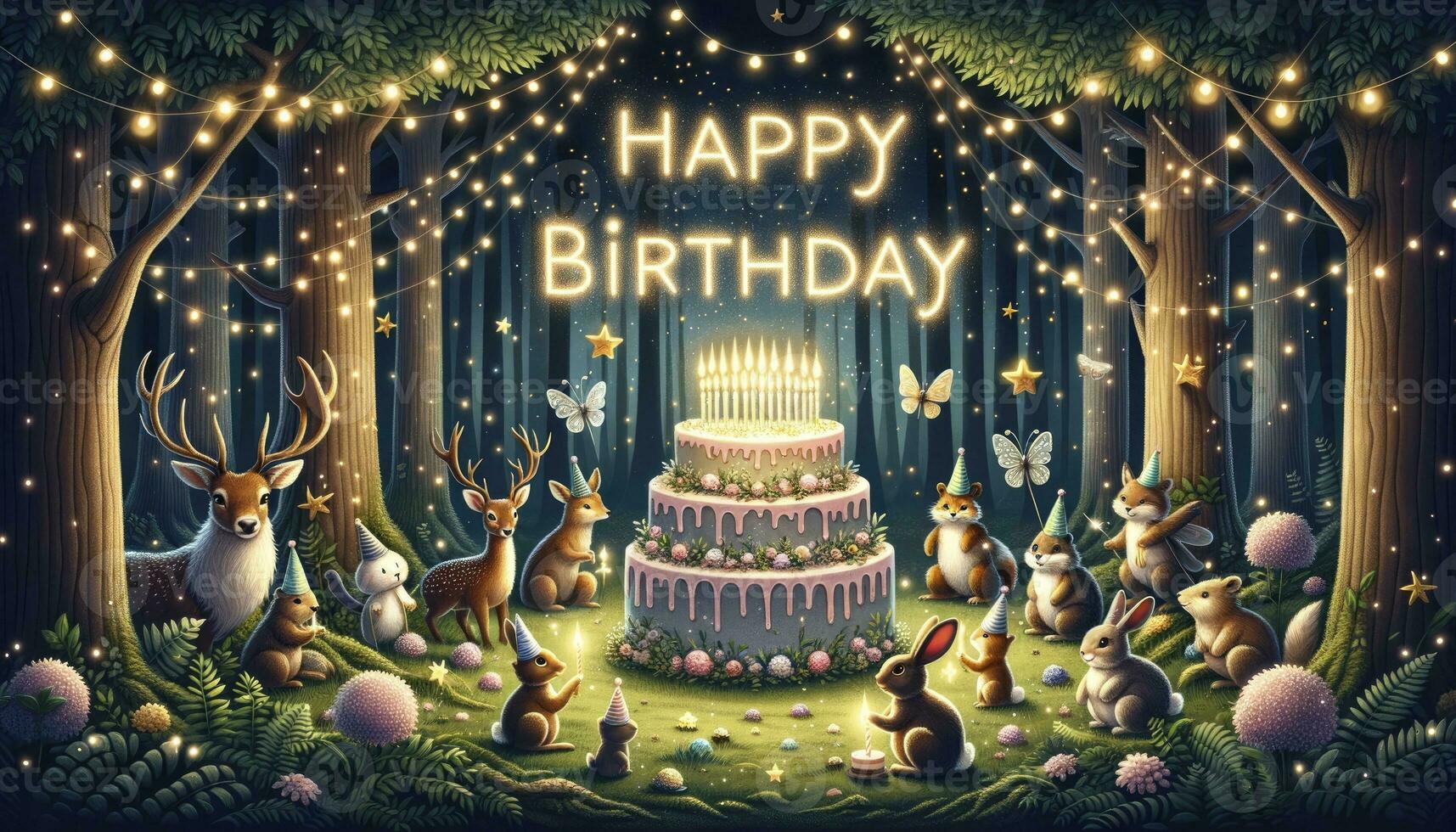 A birthday celebration in an enchanted forest with forest creatures and magical elements. AI Generative photo