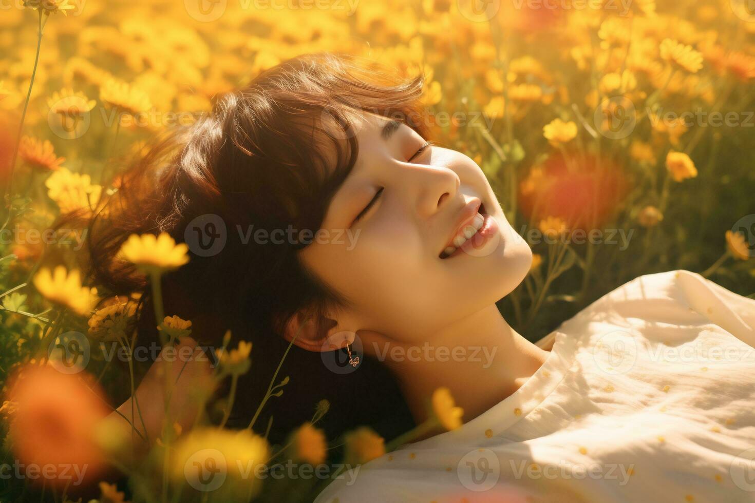 Asian girl lying in a meadow full of flowers Generative AI photo