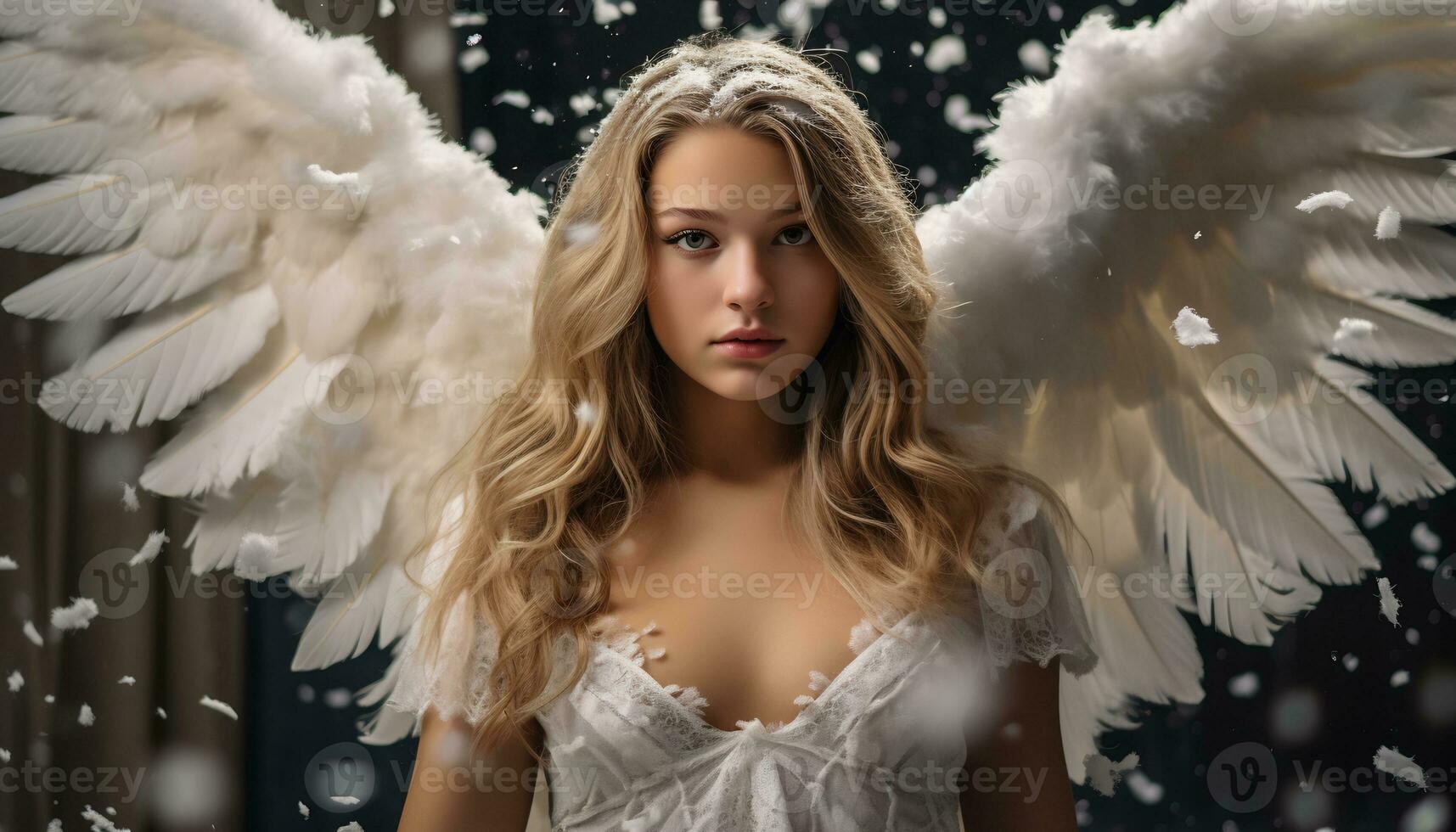 Innocent Young girl with Long Blond Hair with angel wing AI Generative photo