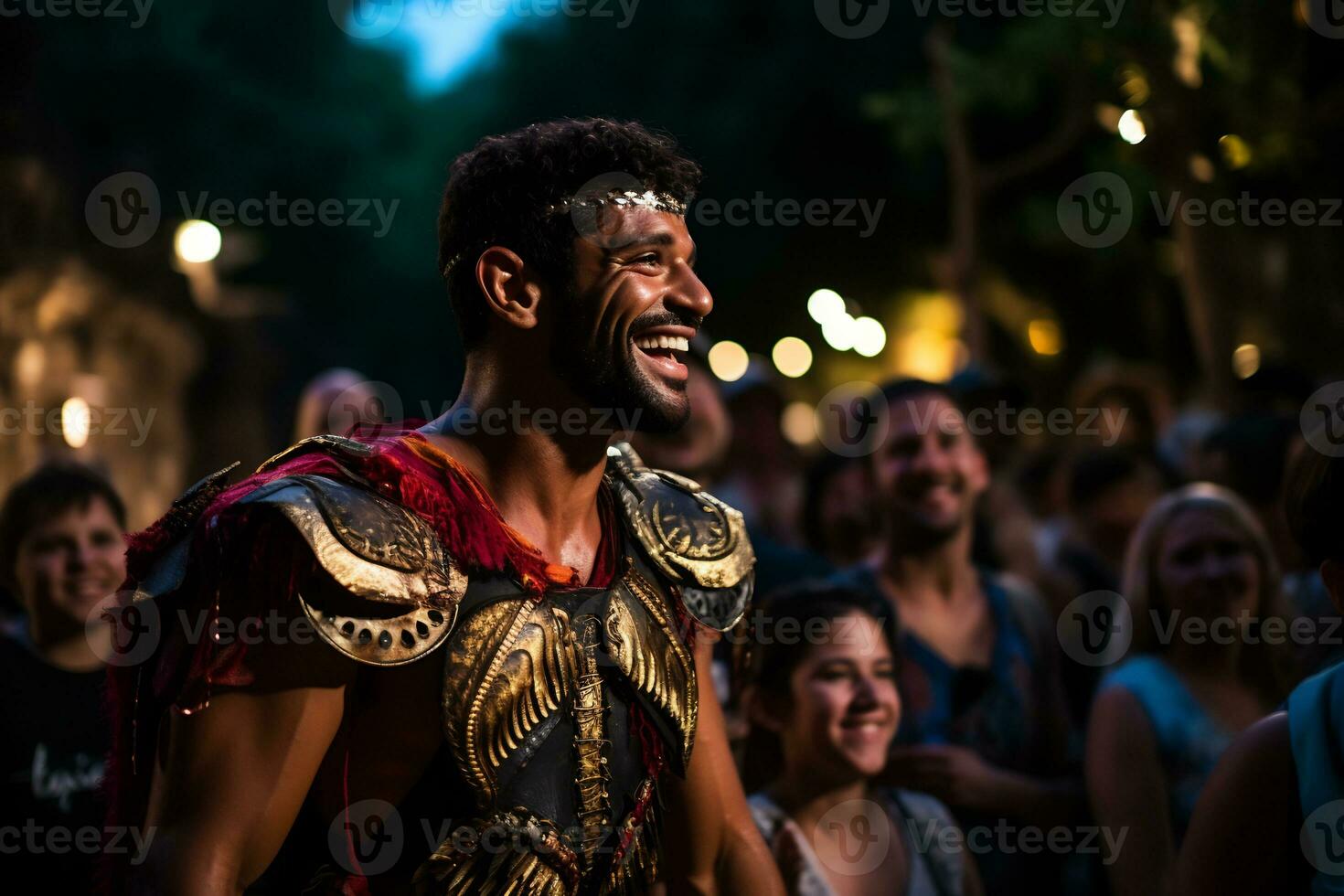 a street performer dressed as a Roman gladiator A photo of a runner sprinting through a city park AI Generative