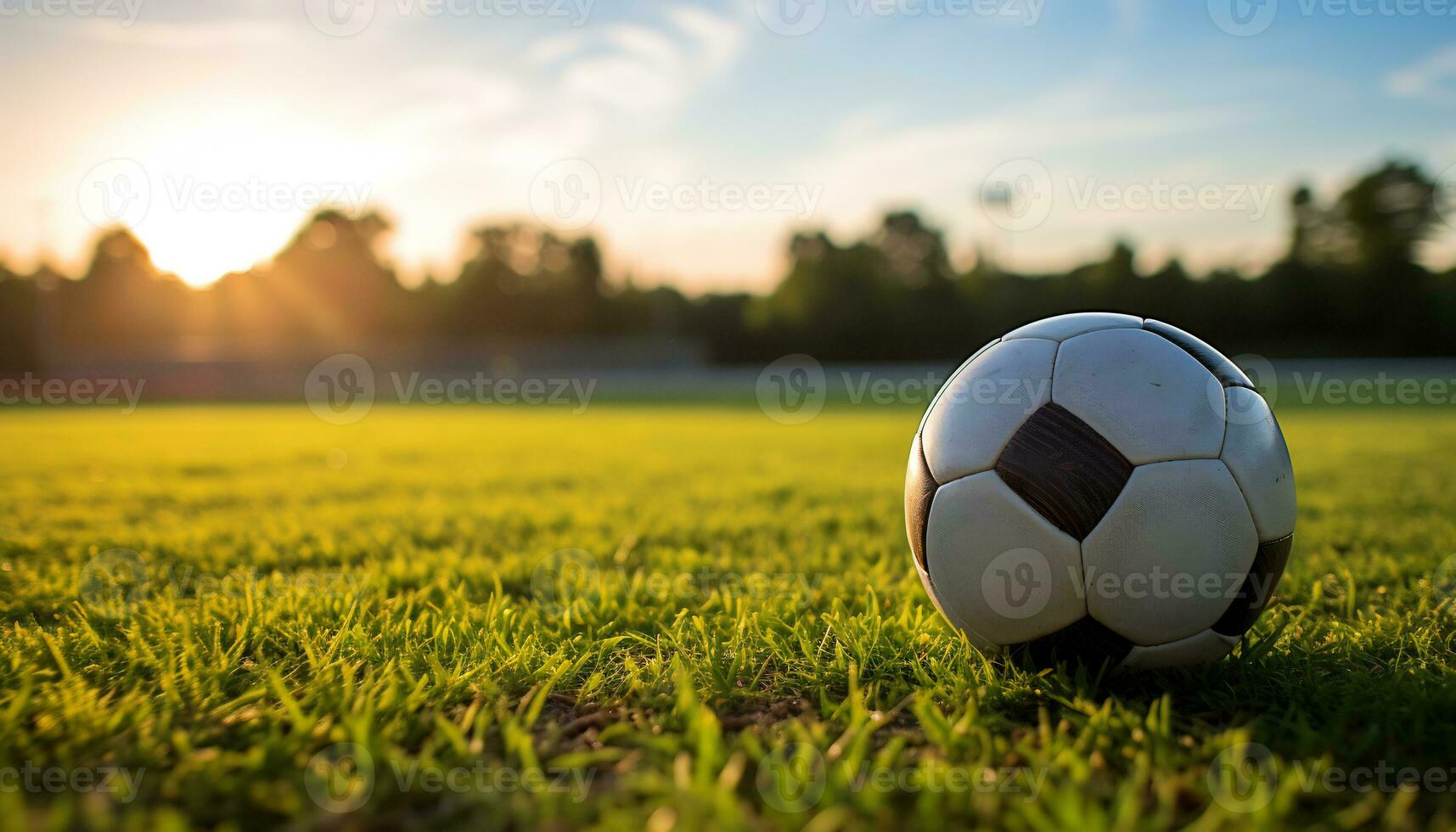 Photo of a ball in the middle of a soccer field Generative AI