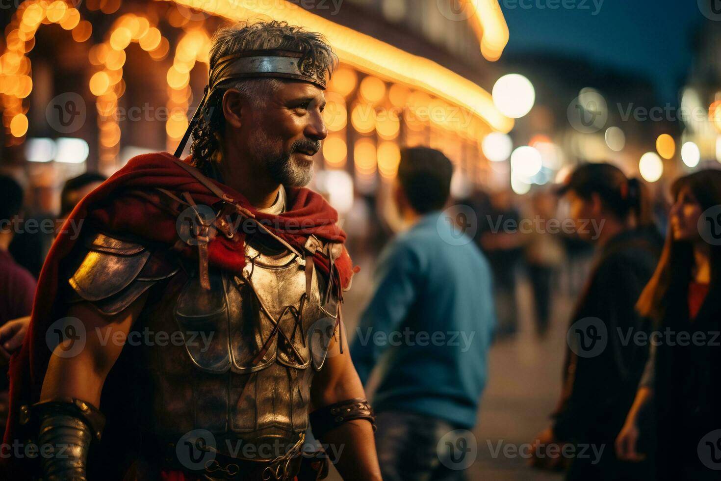 a street performer dressed as a Roman gladiator A photo of a runner sprinting through a city park AI Generative