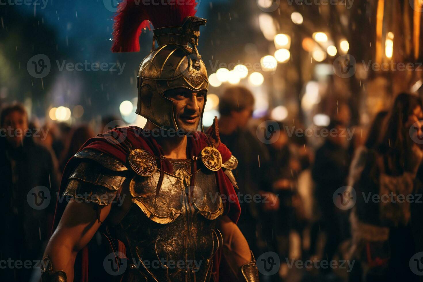 un calle ejecutante vestido como un romano gladiador un foto de un corredor corriendo mediante un ciudad parque ai generativo