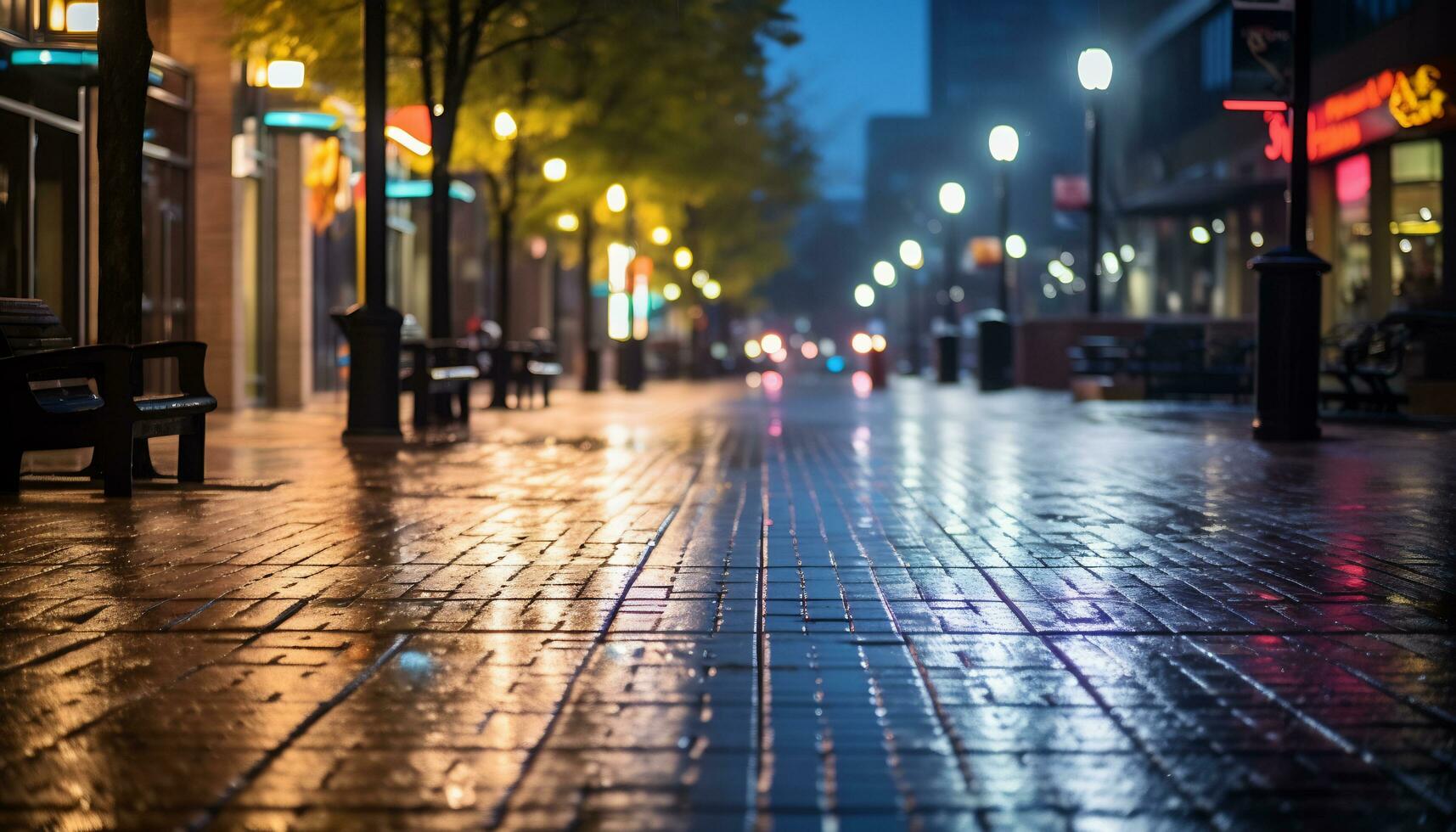 sidewalk at night after rain with wet streets Ai Generative photo