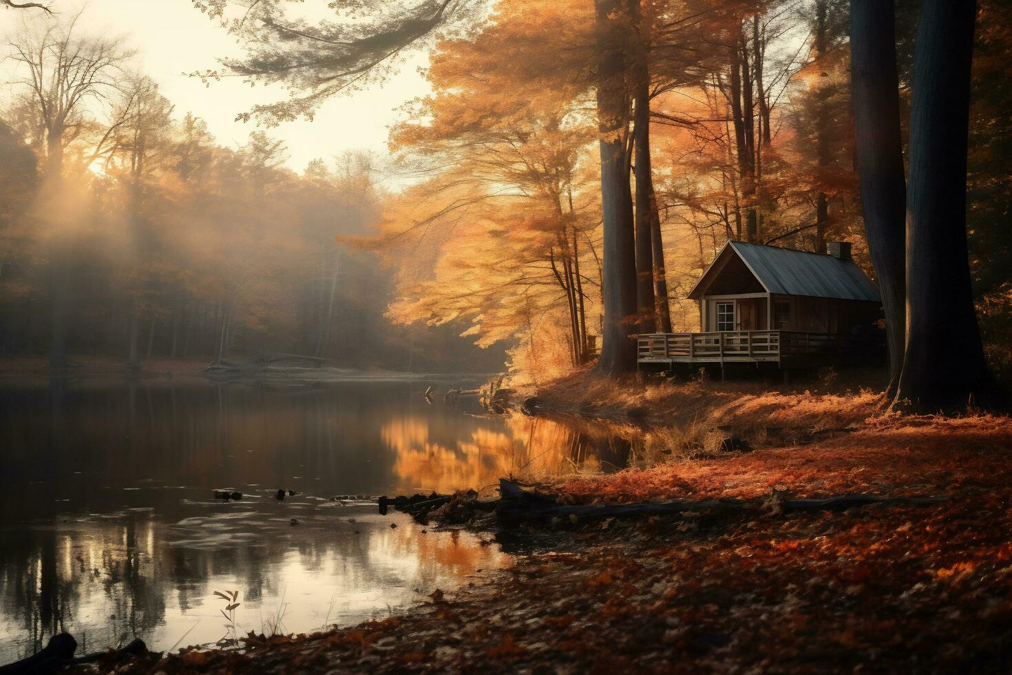 sunrise over a forest landscape with autumn foliage AI Generative photo