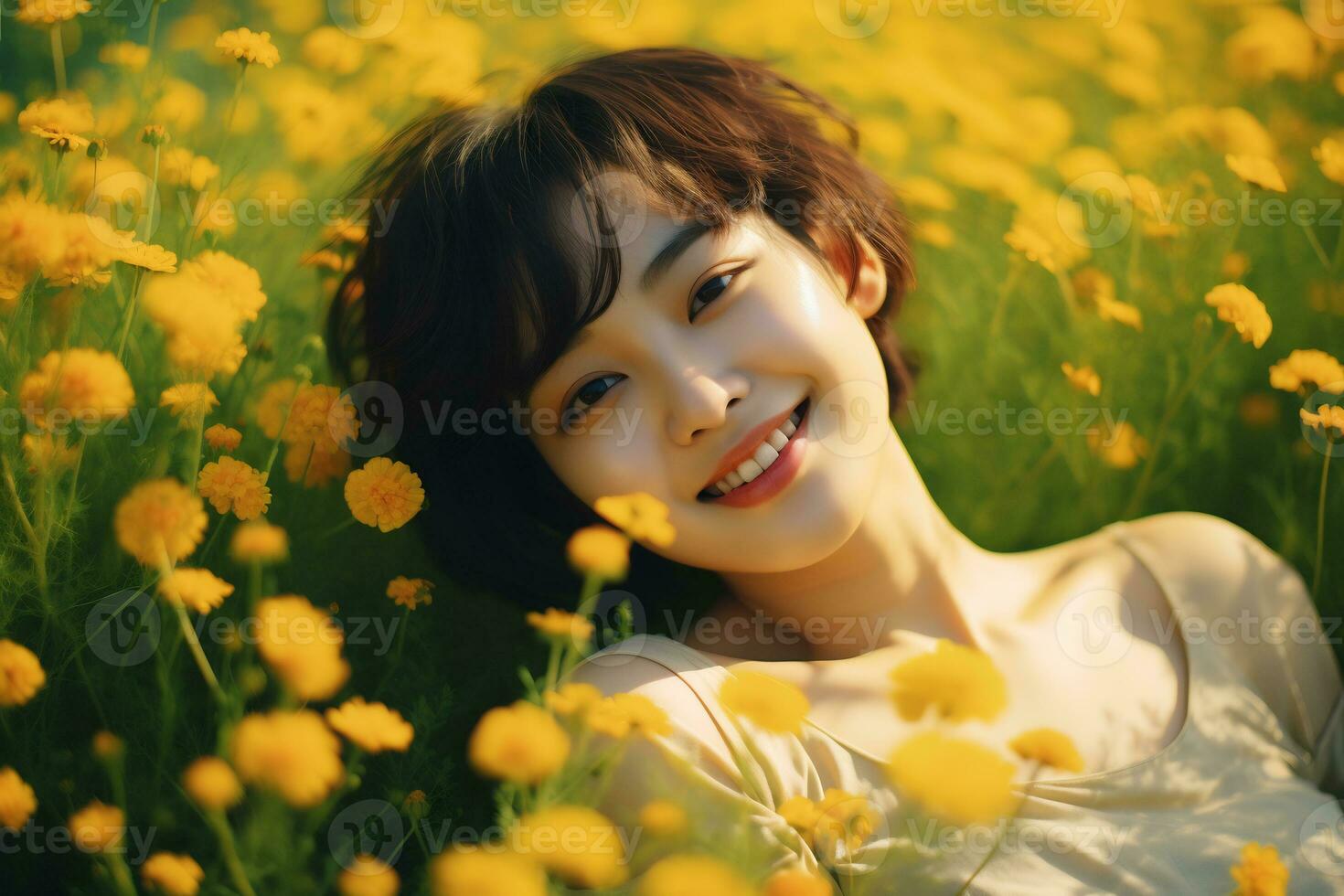 Asian girl lying in a meadow full of flowers Generative AI photo