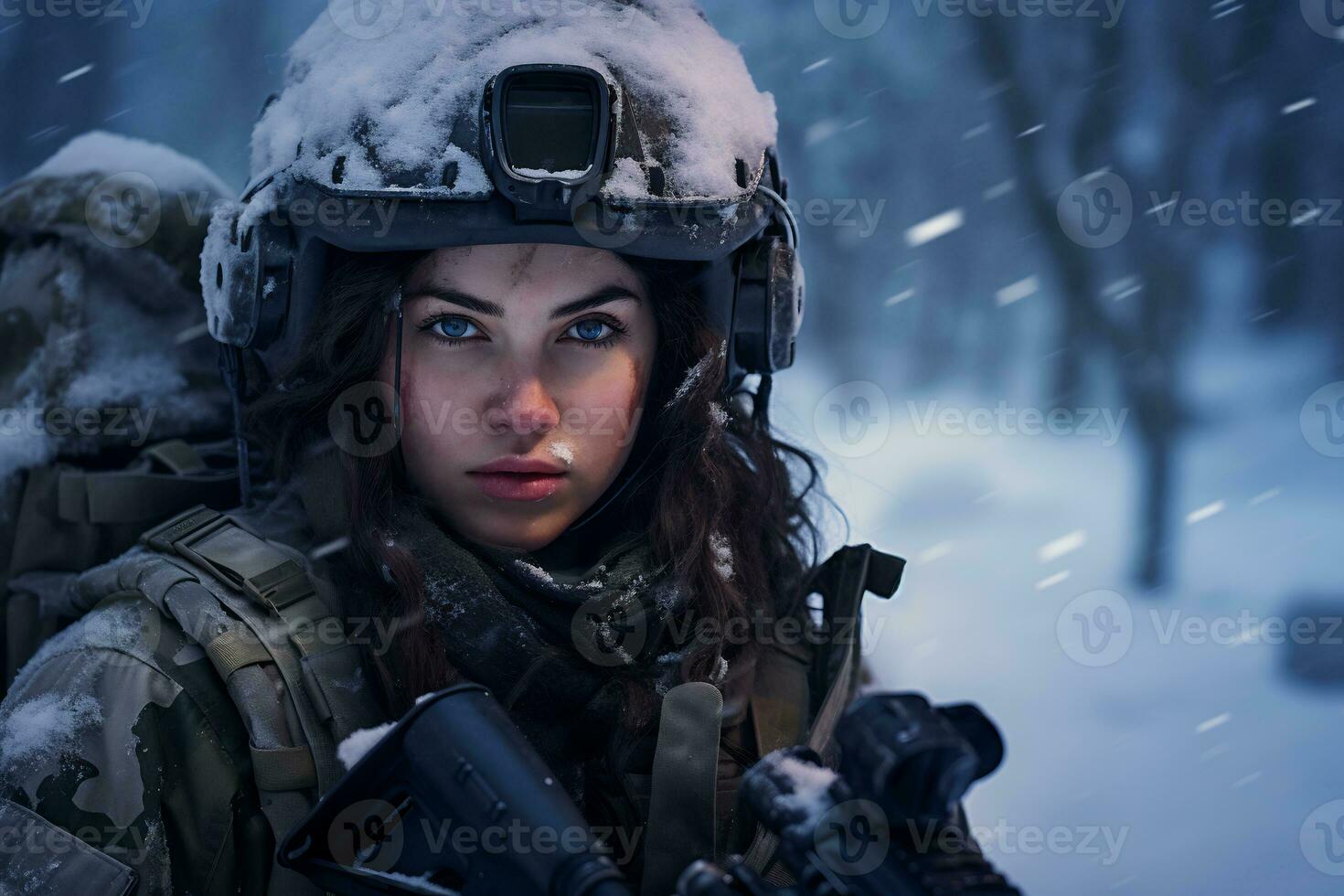 a female soldier is on duty in a snowy place Ai Generative photo