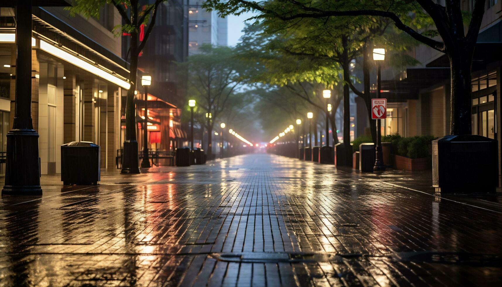 sidewalk at night after rain with wet streets Ai Generative photo