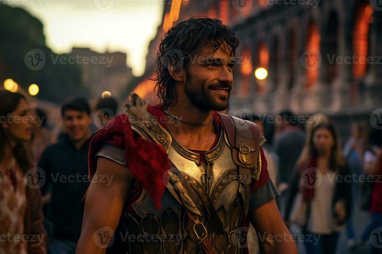 un calle ejecutante vestido como un romano gladiador un foto de un corredor corriendo mediante un ciudad parque ai generativo