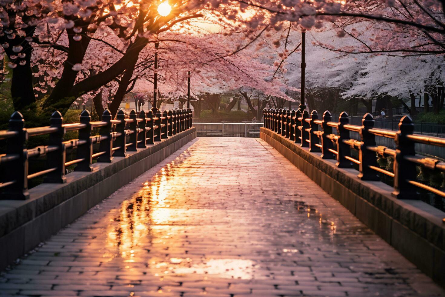 Cherry blossom park during sunset AI Generative photo