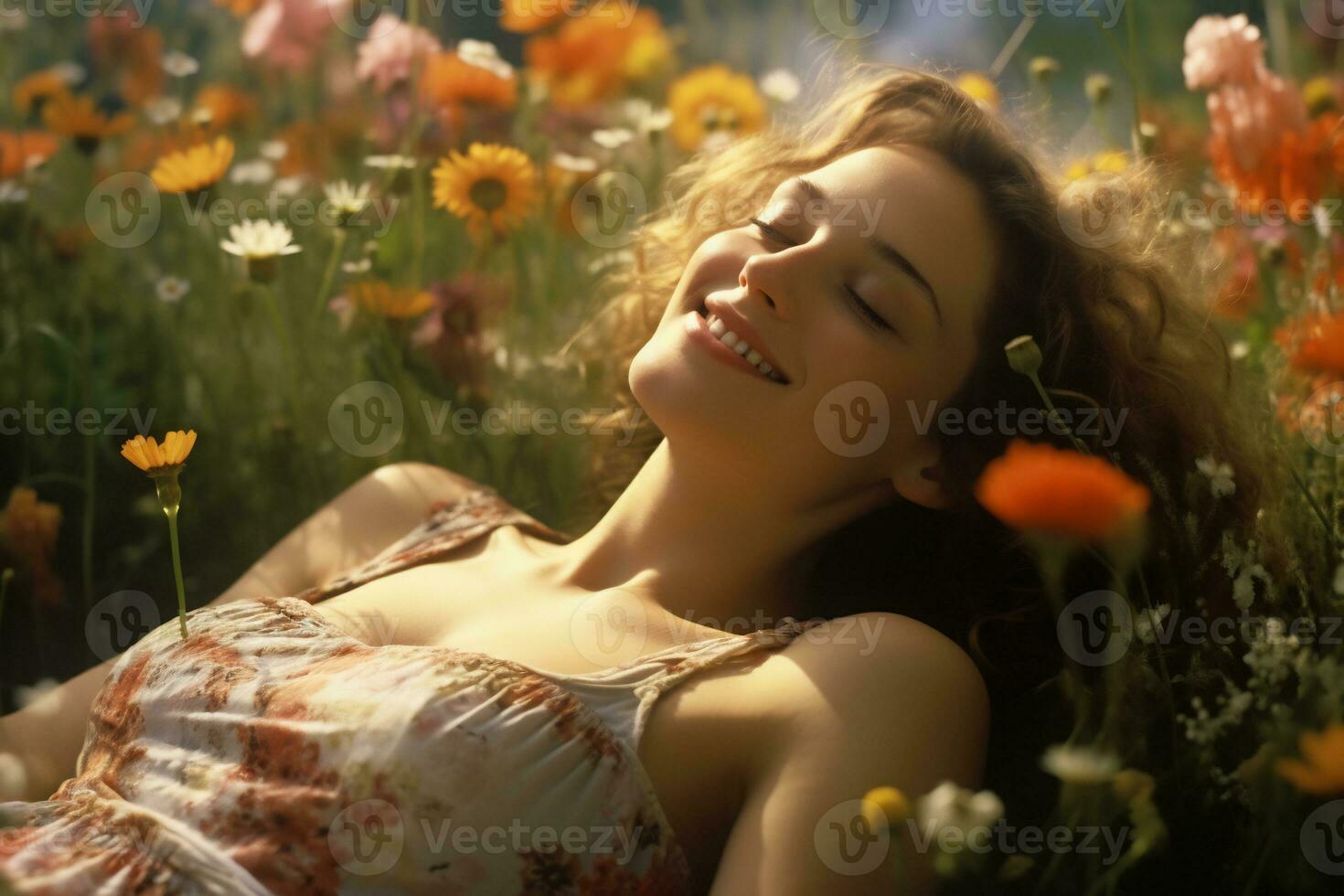 hermosa niña acostado en el prado con flores generativo ai foto