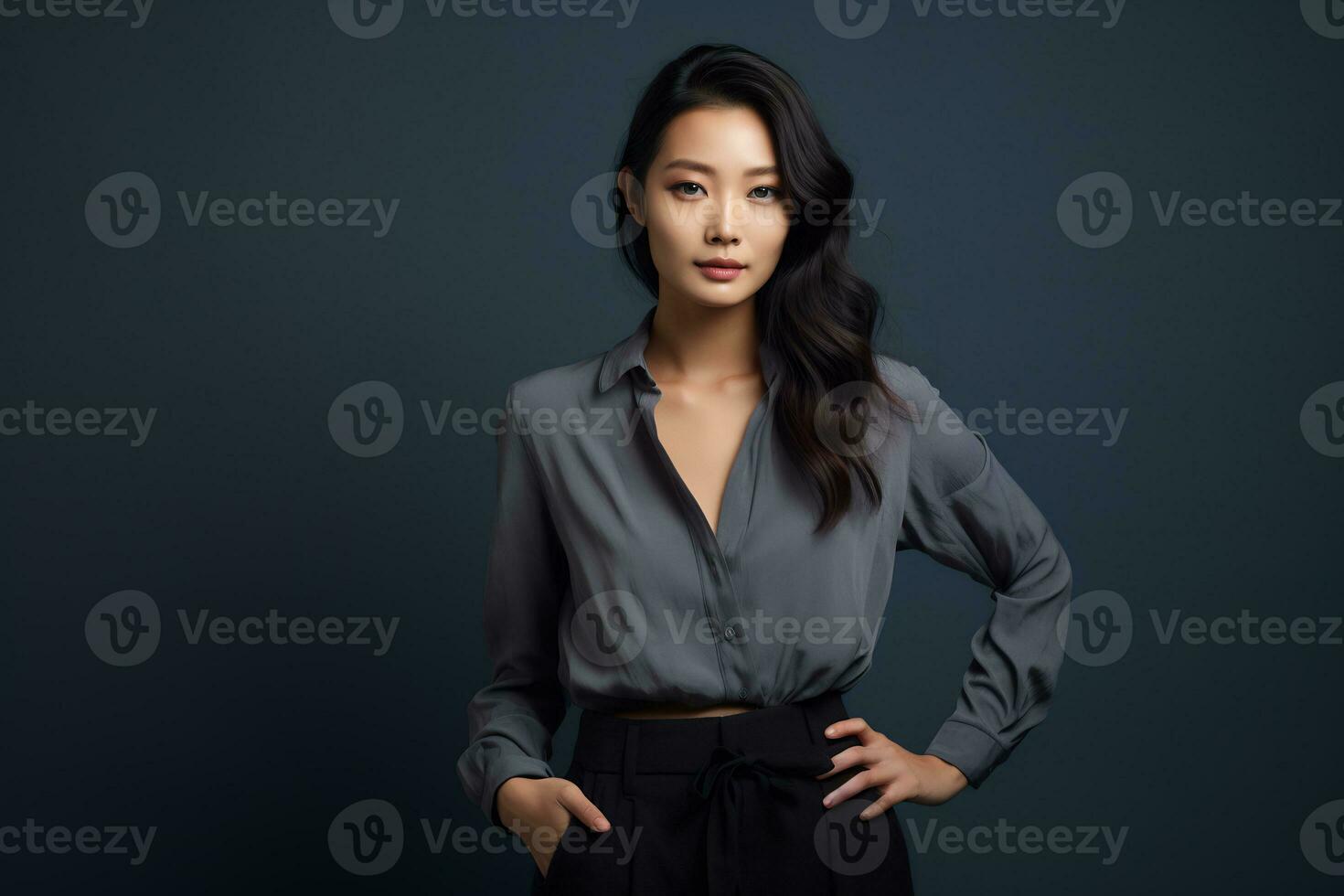 Asian model in stylish casual clothes on plain solid studio background Ai Generative photo