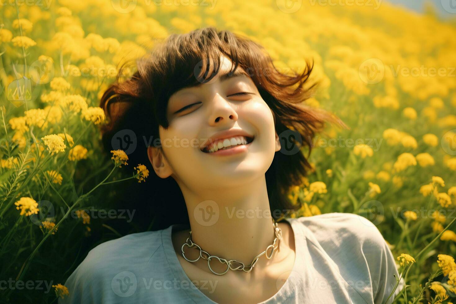 Asian girl lying in a meadow full of flowers Generative AI photo