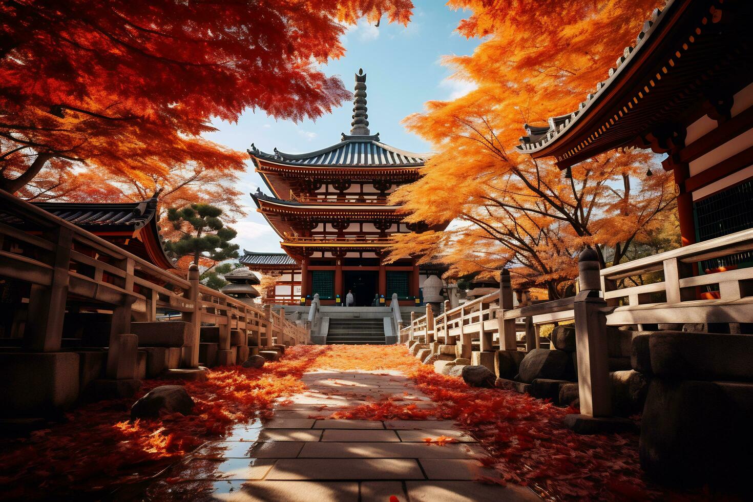 Kyoto temple adorned with vibrant autumn AI Generative photo