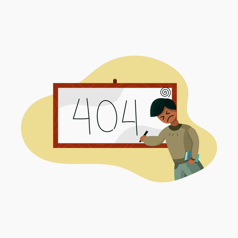 404 error page with vector illustration of man writing on whiteboard on white background.