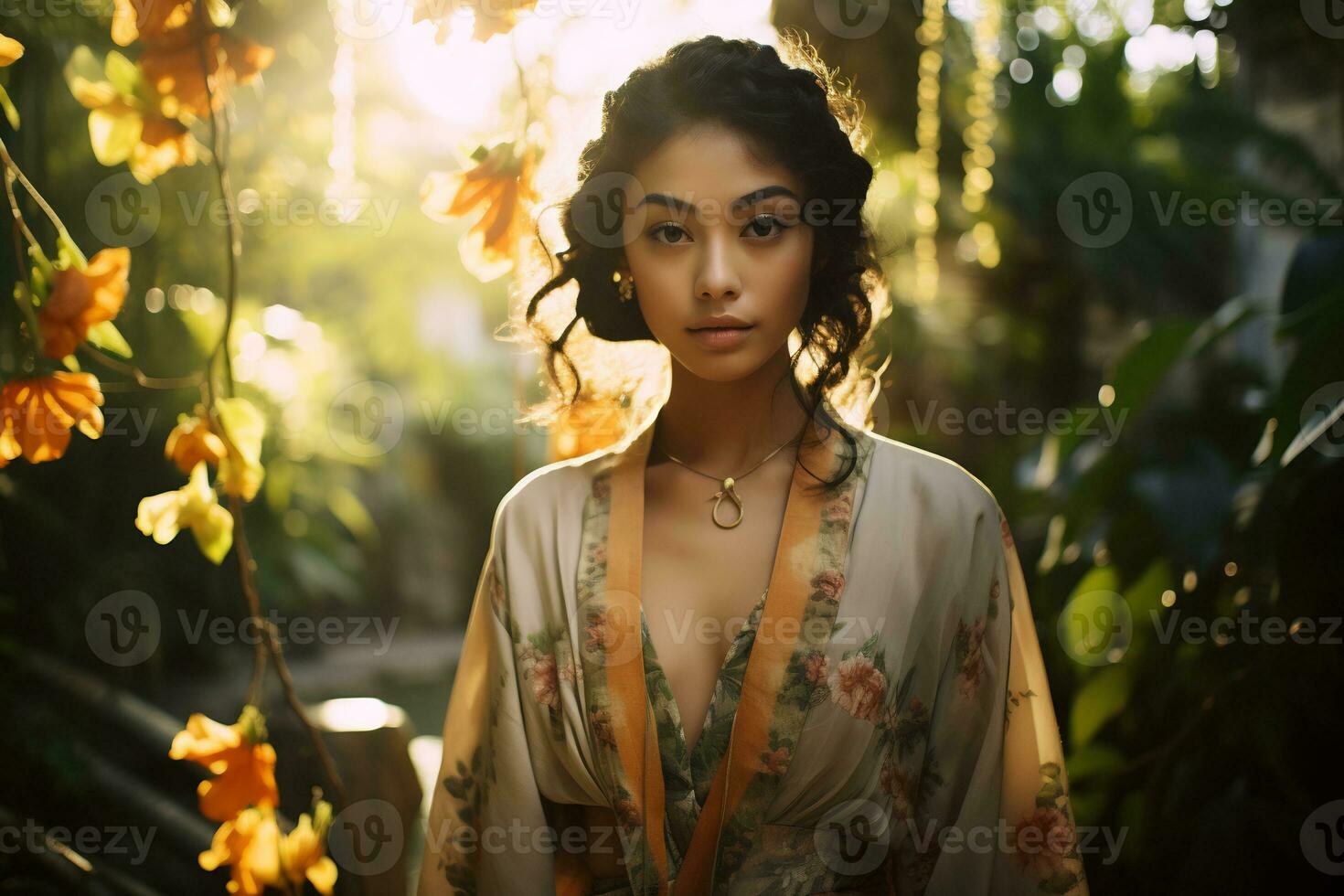 asiático niña vistiendo tradicional atuendo exuda natural belleza generativo ai foto