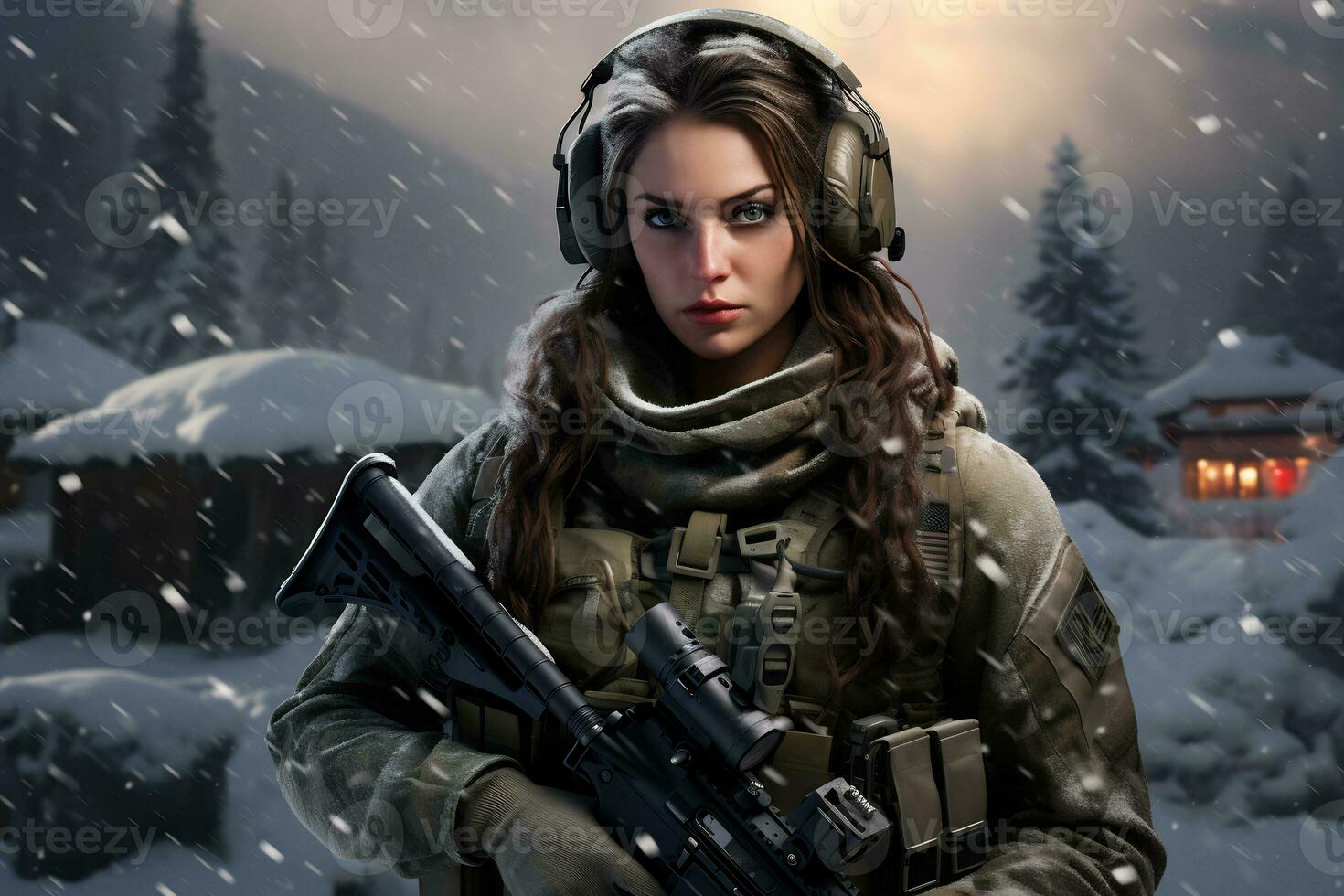 a female soldier is on duty in a snowy place Ai Generative photo