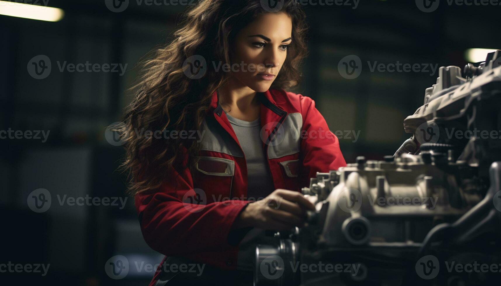 female mechanic repairing car in workshop Generative AI photo