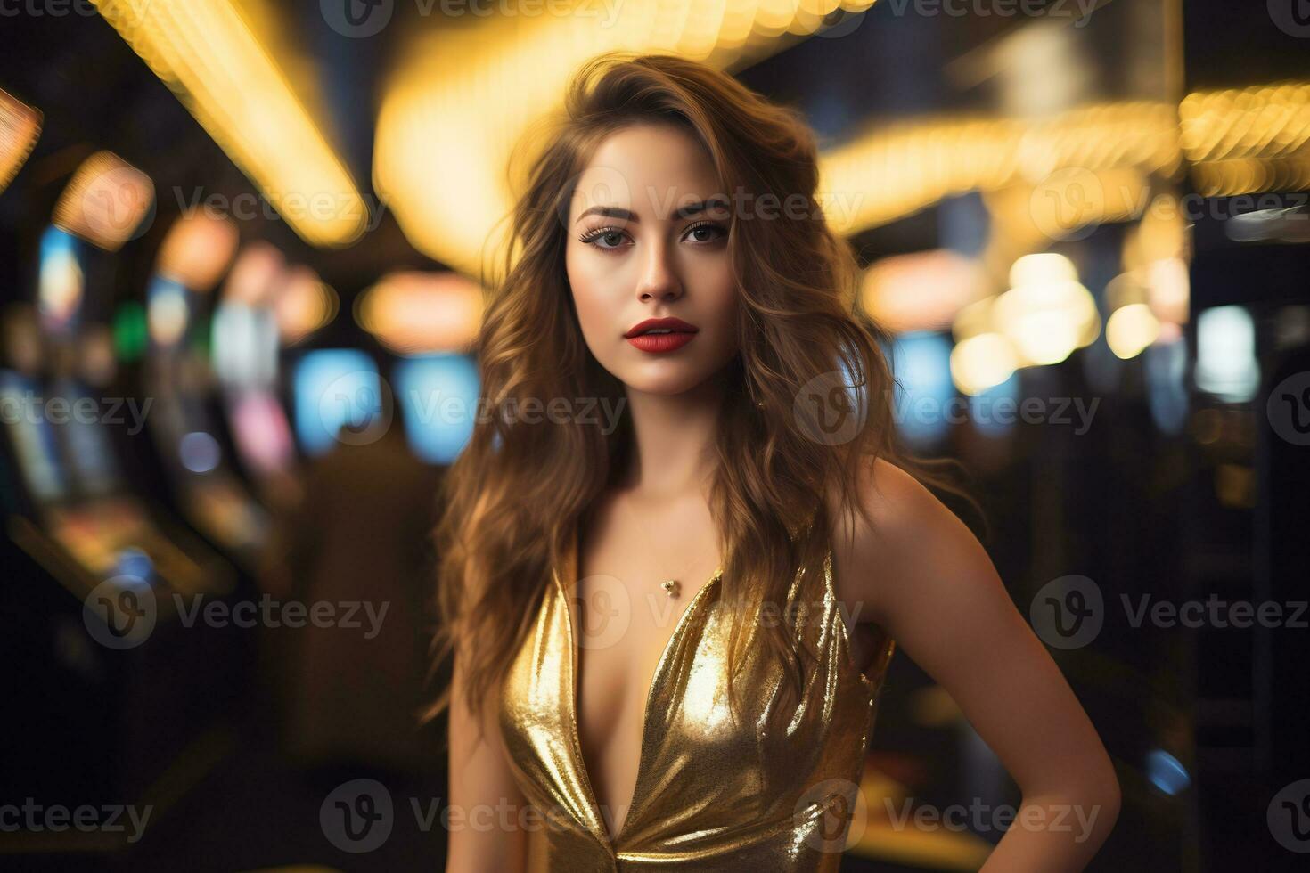 un joven mujer esmeradamente vestido en un oro vestir en el casino ai generativo foto