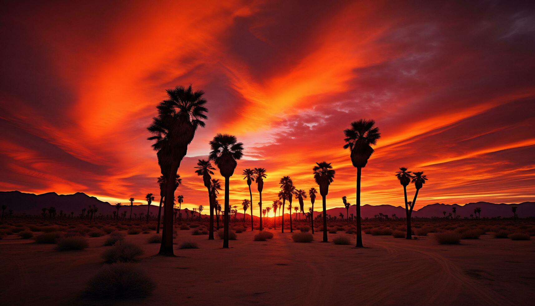 dramático palma árbol silueta de Desierto puesta de sol generativo ai foto