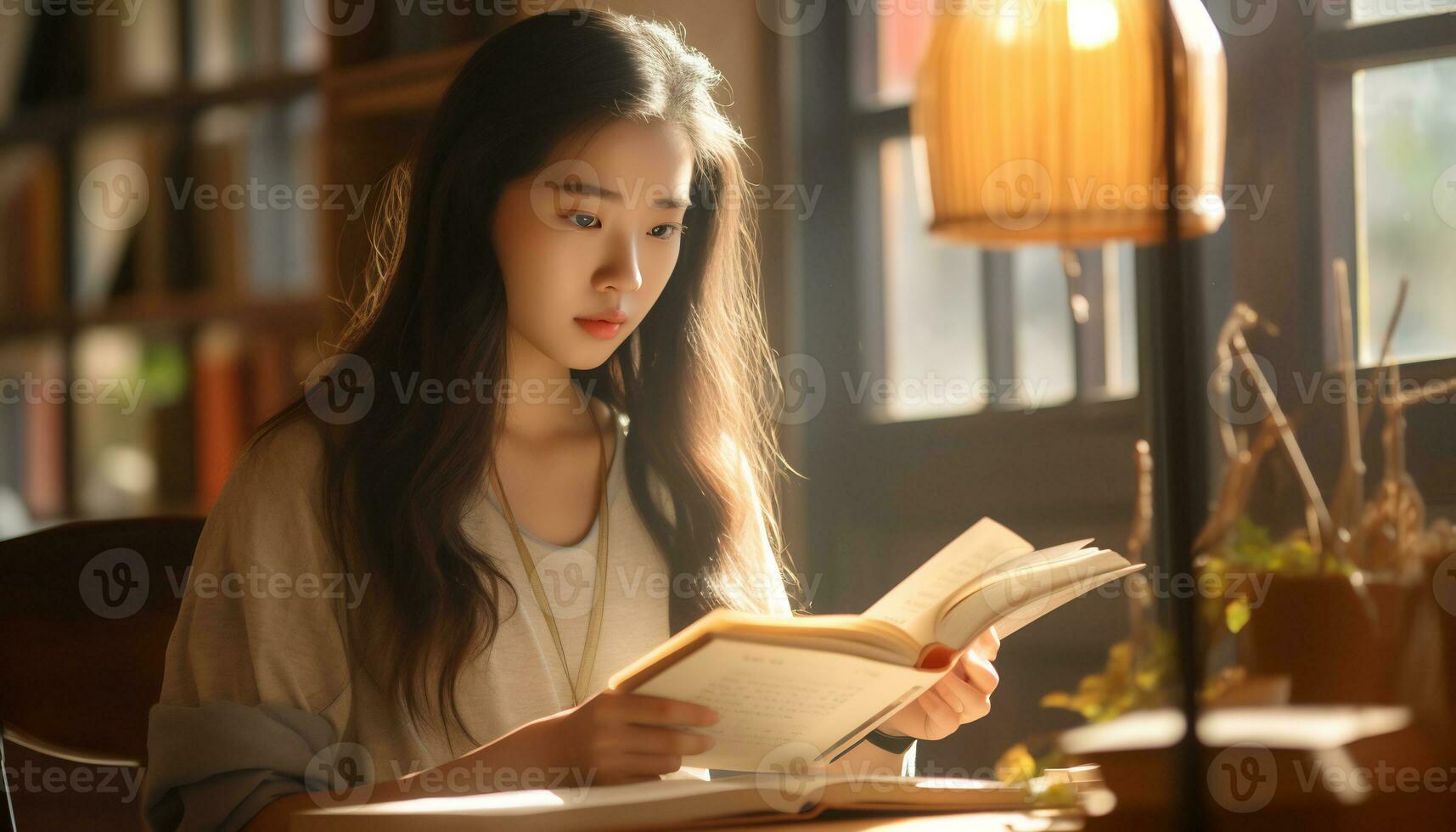 asian girl reading a book in the library photo