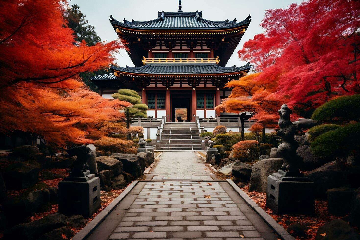 Kyoto temple adorned with vibrant autumn AI Generative photo