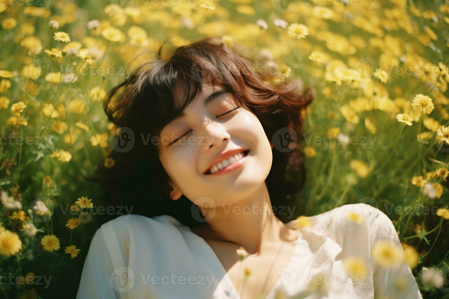 asiático niña acostado en un prado lleno de flores generativo ai foto