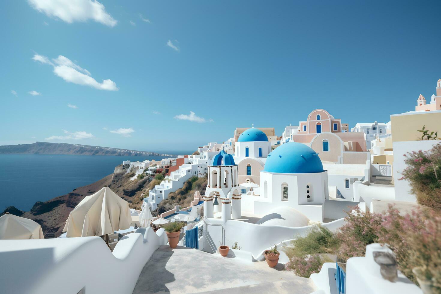 High angle view of santorini by the ocean Generative AI photo
