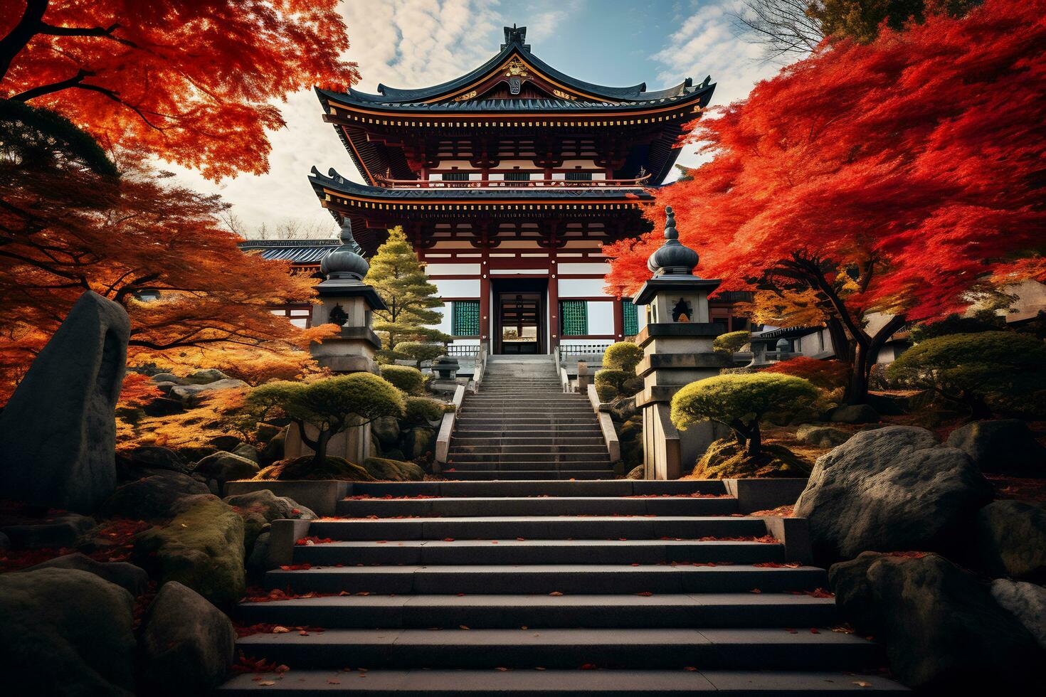 Kyoto temple adorned with vibrant autumn AI Generative photo