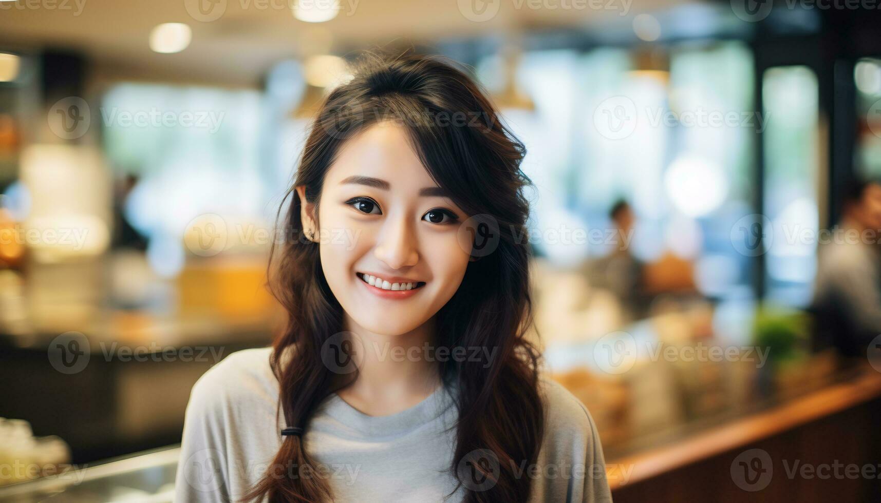 Asia woman delicate face cute smile looking to camera AI Generative photo