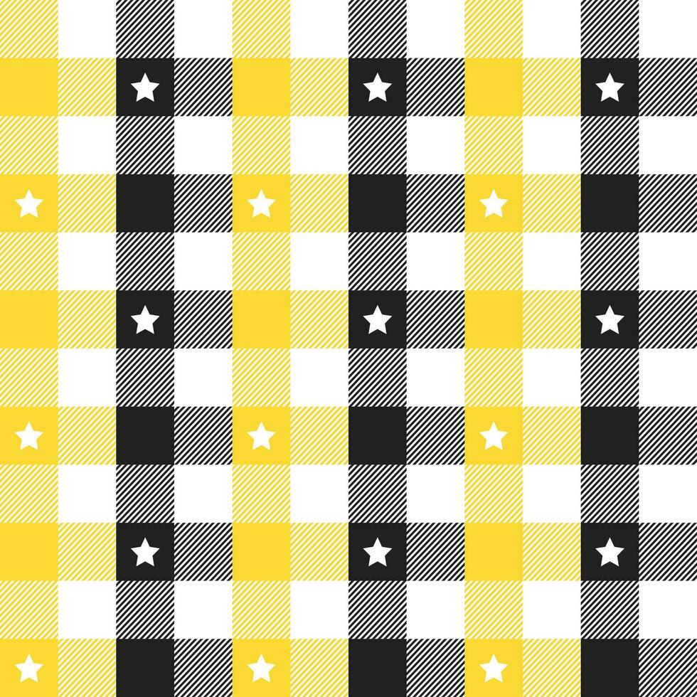 Yellow and black plaid pattern with star background. plaid pattern background. plaid background. Seamless pattern. for backdrop, decoration, gift wrapping, gingham tablecloth, blanket, tartan. vector