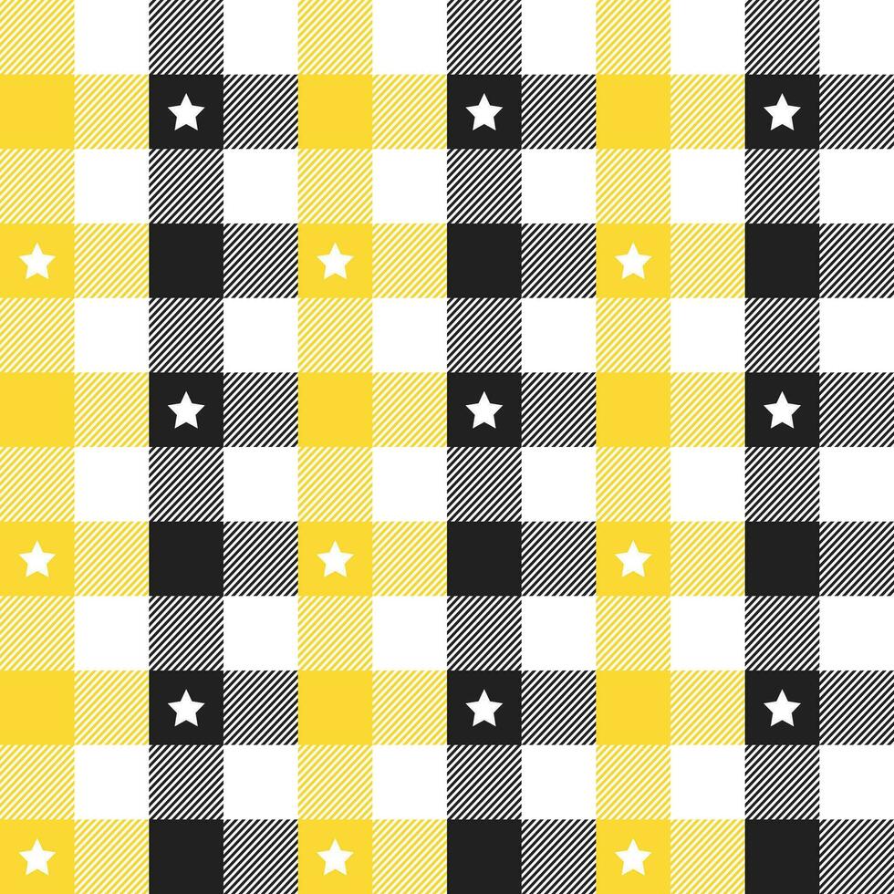 Yellow and black plaid pattern with star background. plaid pattern background. plaid background. Seamless pattern. for backdrop, decoration, gift wrapping, gingham tablecloth, blanket, tartan. vector